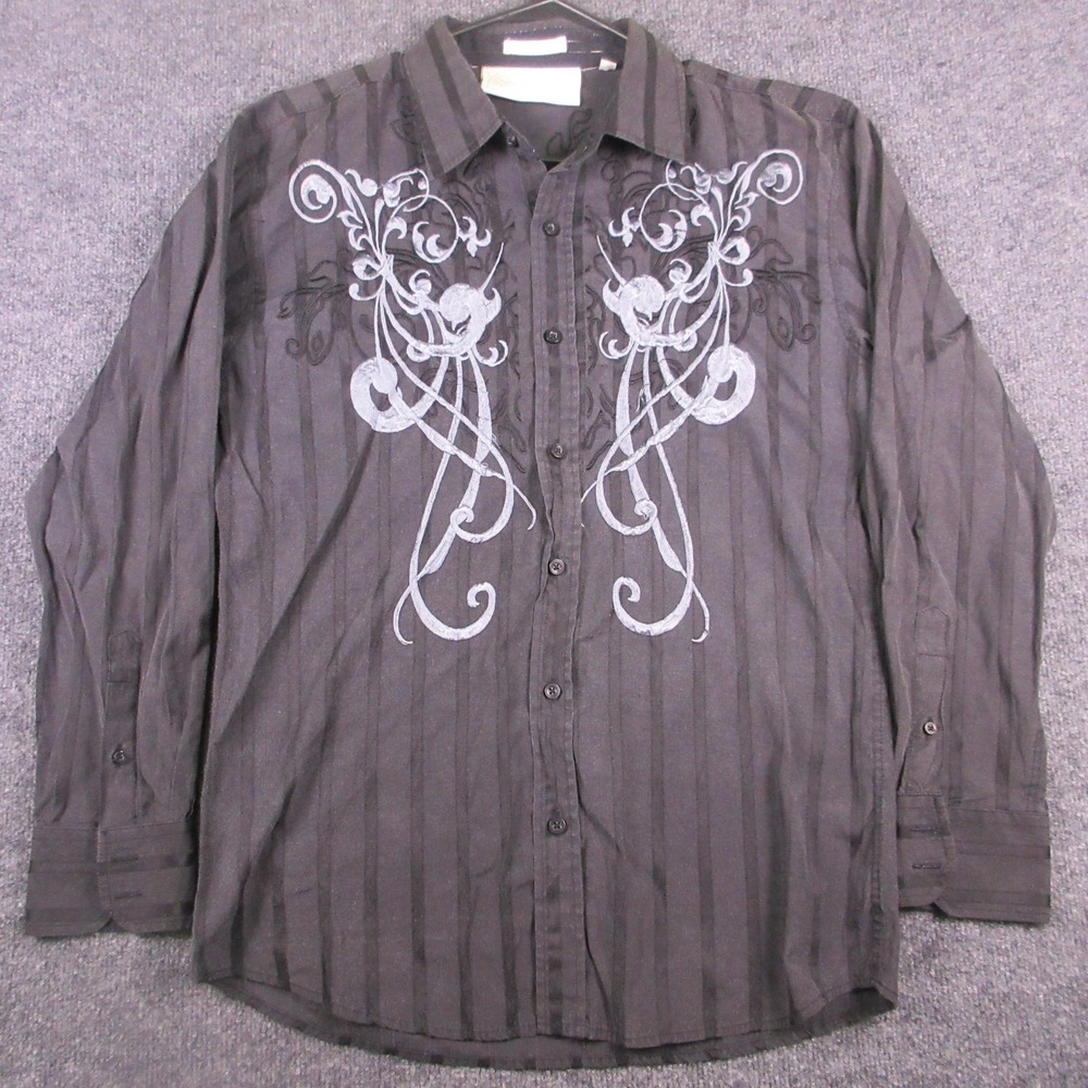 Vintage Stank Wear Shirt Mens Large Gray Stripe Long Sleeve Embroidered Casual